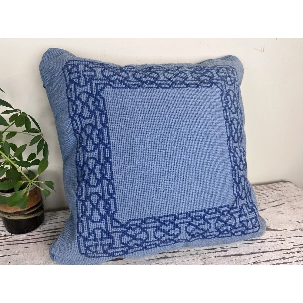 Vintage Blue On Blue Woven Nordic Border Pattern Needlepoint Throw Pillow 15”